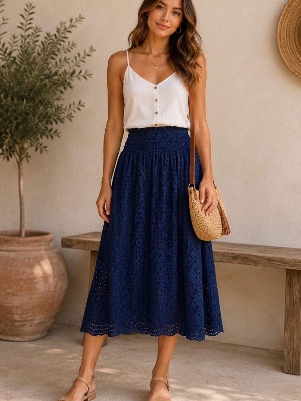 Beatrice Navy Blue Floral Eyelet Pull On Boho Festival Skirt